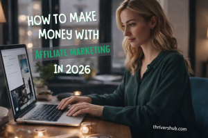 woman working on laptop with text overlay "How To make money with affiliate marketing in 2026"
