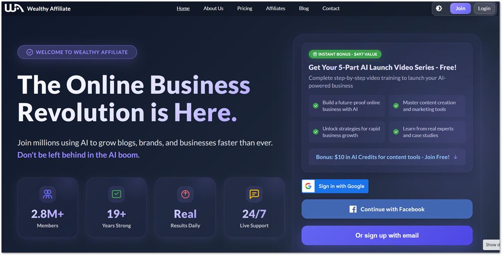 Wealthy Affiliate homepage July 2025