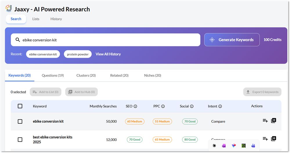 Jaaxy user interface with keyword search and results. 
