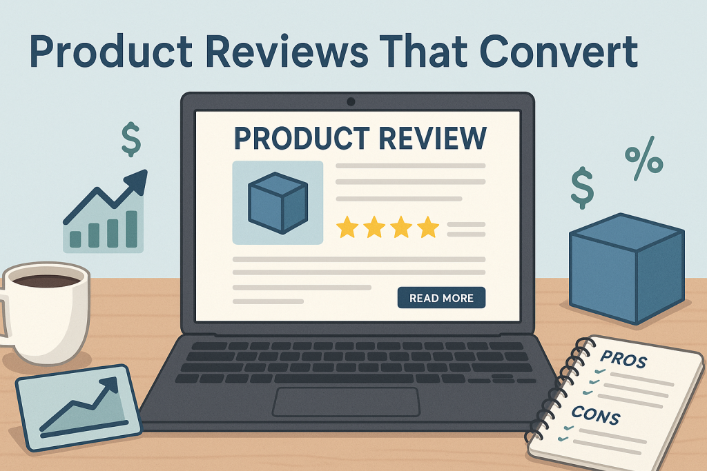 write product reviews illustration showing open laptop and conversion imagery