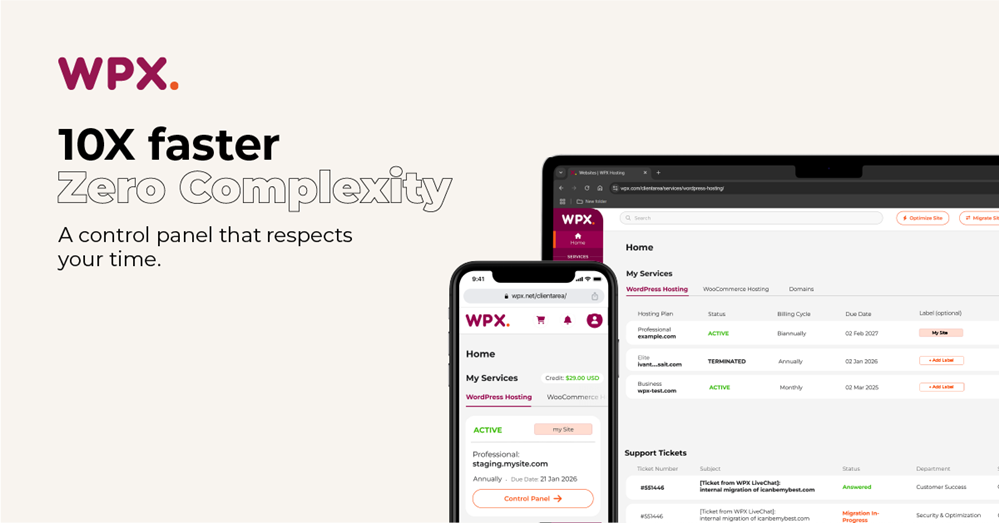 WPX 10x Faster banner showing mobile and desktop views of dashboard