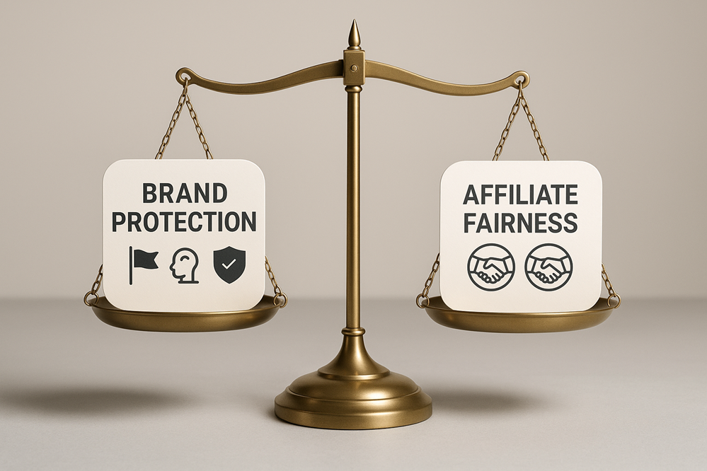 Illustration of scales showing balance between brand protection and affiliate fairness.
