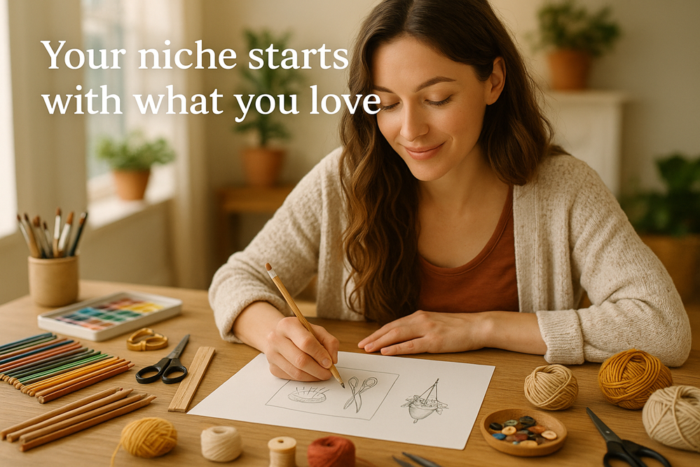 Woman sketching creative craft ideas on paper. Overlay: Your niche starts with what you love. 