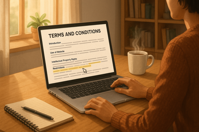Affiliate marketer reading terms and conditions on laptop while working from home.