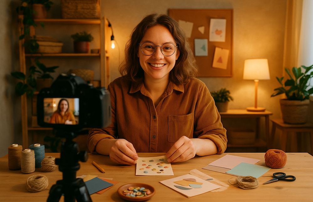 Craft affiliate creating videos for YouTube and TikTok in her cozy studio. 