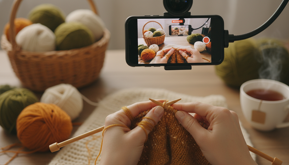Closeup of woman hands knitting while being recorded with smartphone camera. 