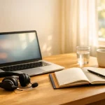 Cozy Workspace with essential equipment like headset and laptop