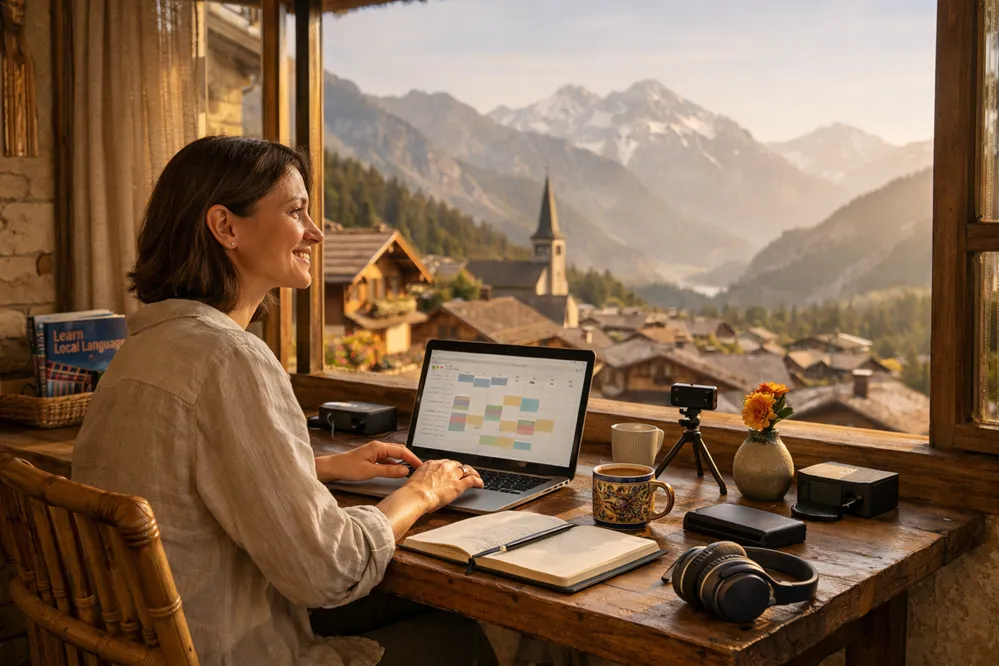 Smiling ESL teacher in front of window in foreign location