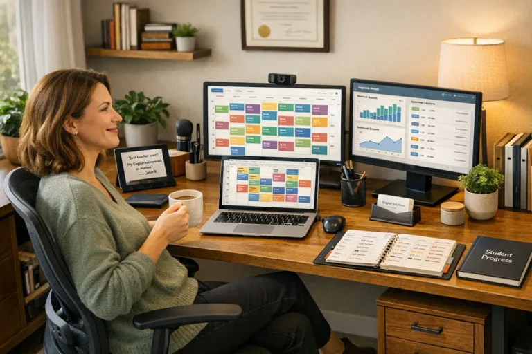 ESL teacher in front of multiple screens with flourishing business
