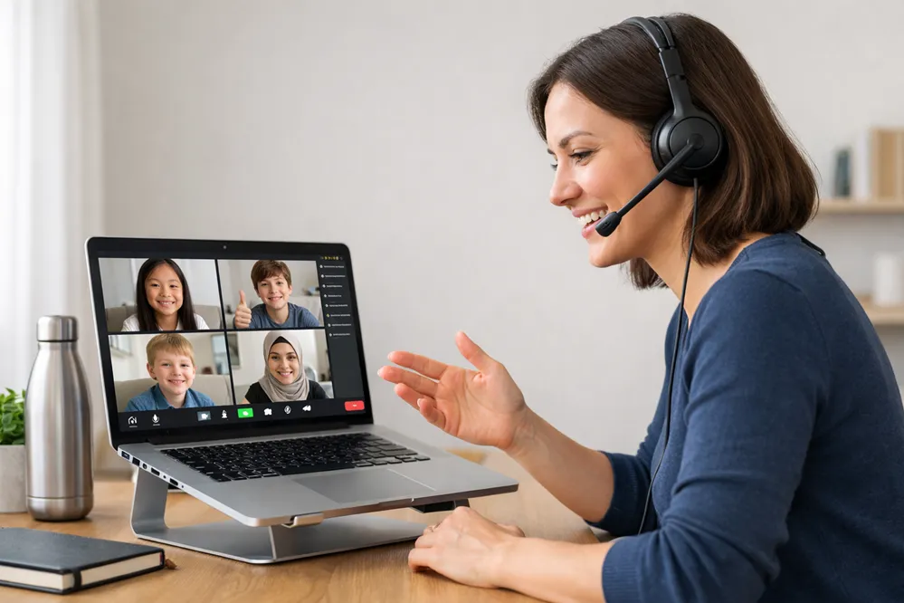 ESL teacher with students on a video call