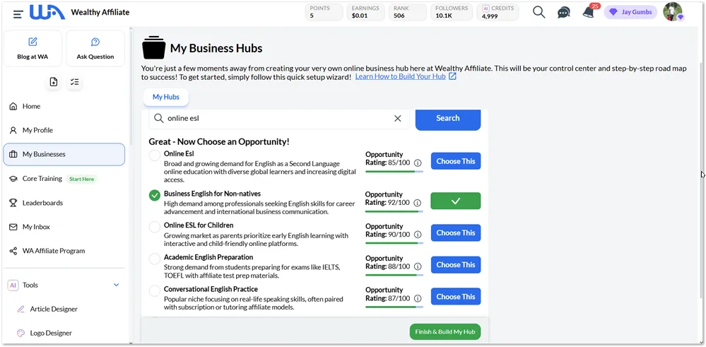 ESL niche research in Wealthy Affiliate