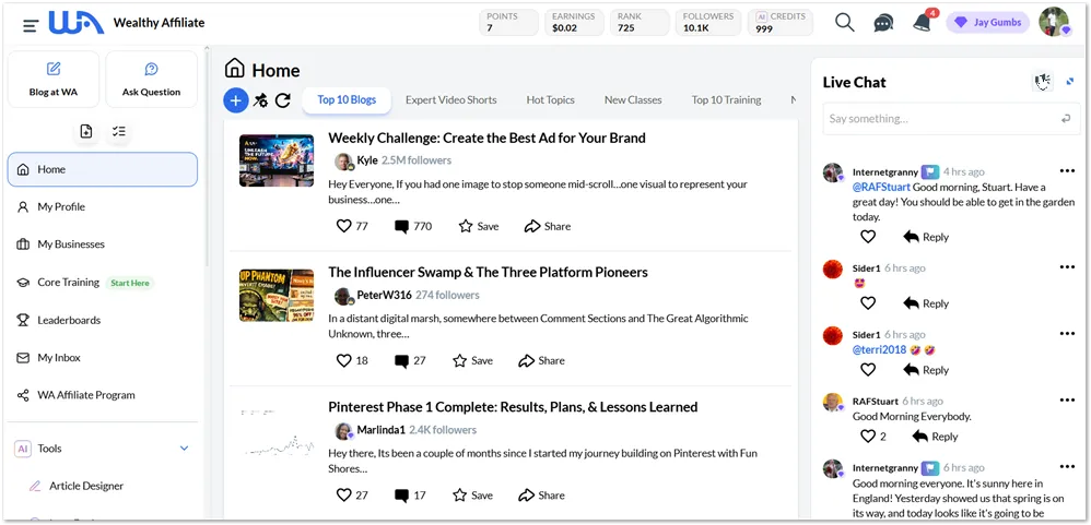 Wealthy Affiliate dashboard