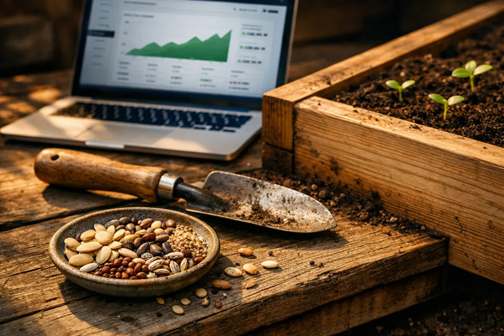 Gardening layout with laptop 