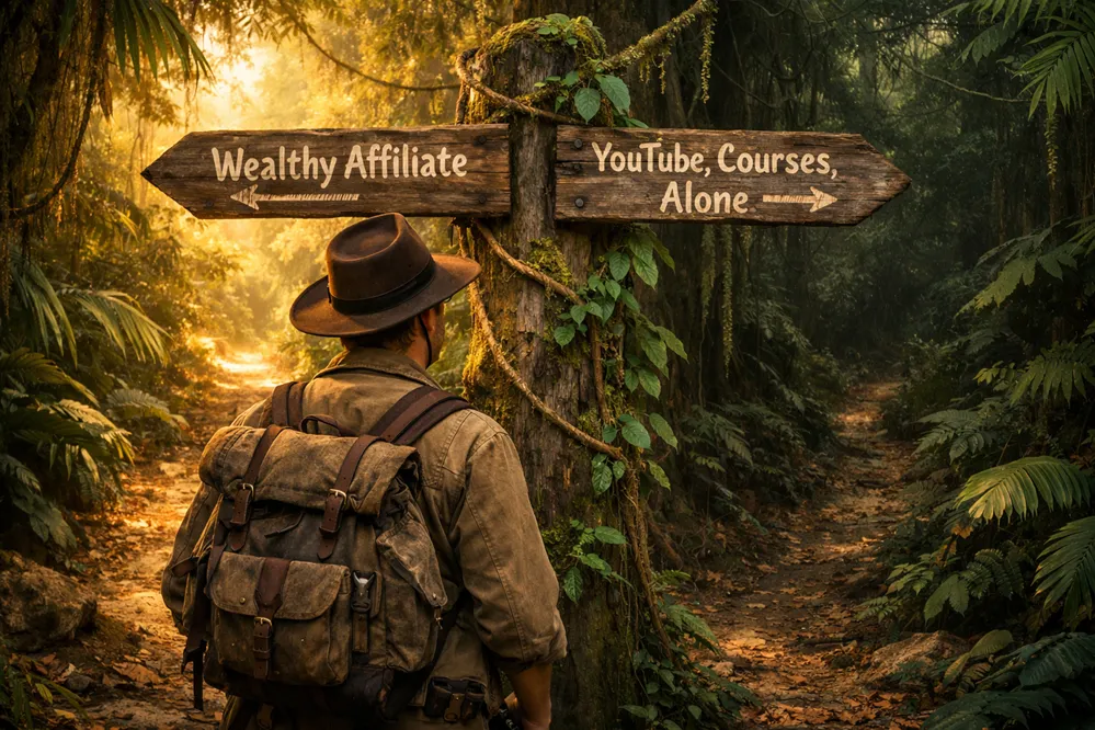 Beginner looking at different paths in a jungle.