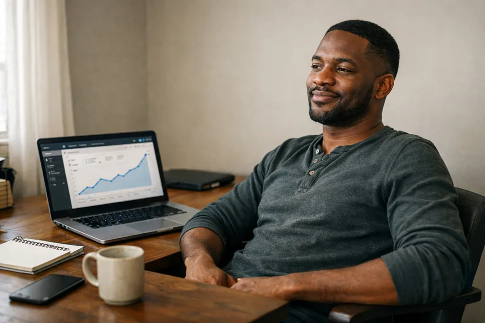 Satisfied man sitting in front of laptop showing real progress