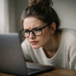 Woman evaluating something on a laptop screen