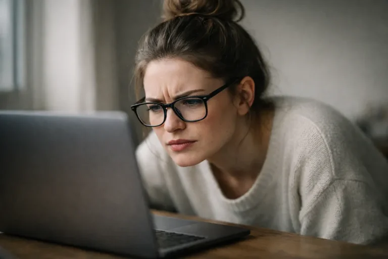 Woman evaluating something on a laptop screen