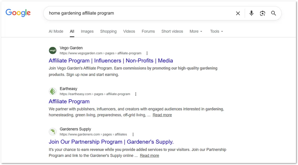 Google search for affiliate programs