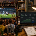 Split image: FIFA World Cup 2026 watch party celebration / affiliate marketing setup showing earnings