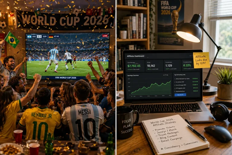 Split image: FIFA World Cup 2026 watch party celebration / affiliate marketing setup showing earnings