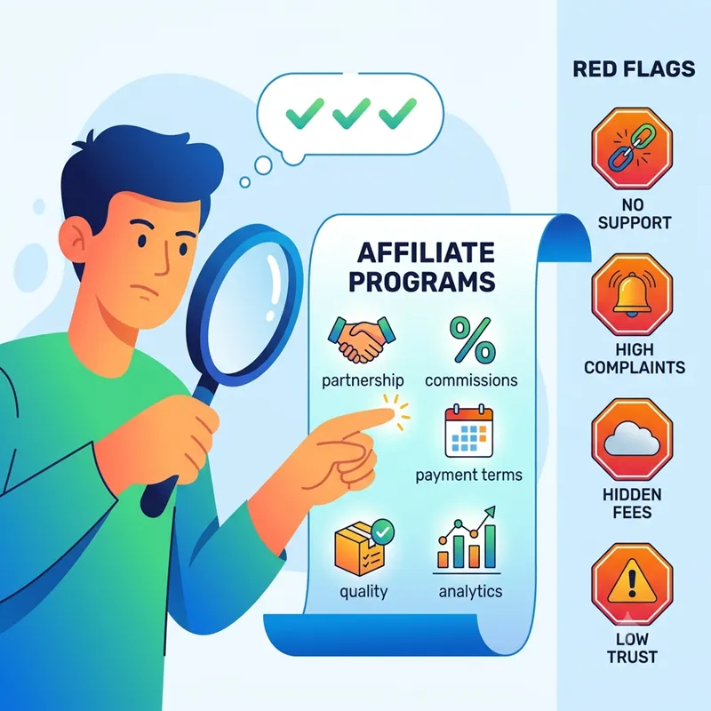 illustration showing man evaluating affiliate programs and list of red flags. 